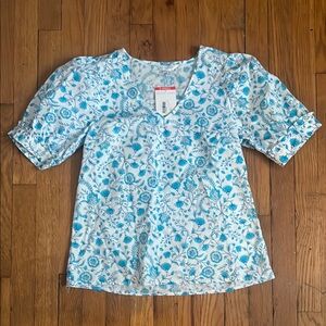 NEW Draper James Blue and White Floral Blouse | Women's Size Extra Small